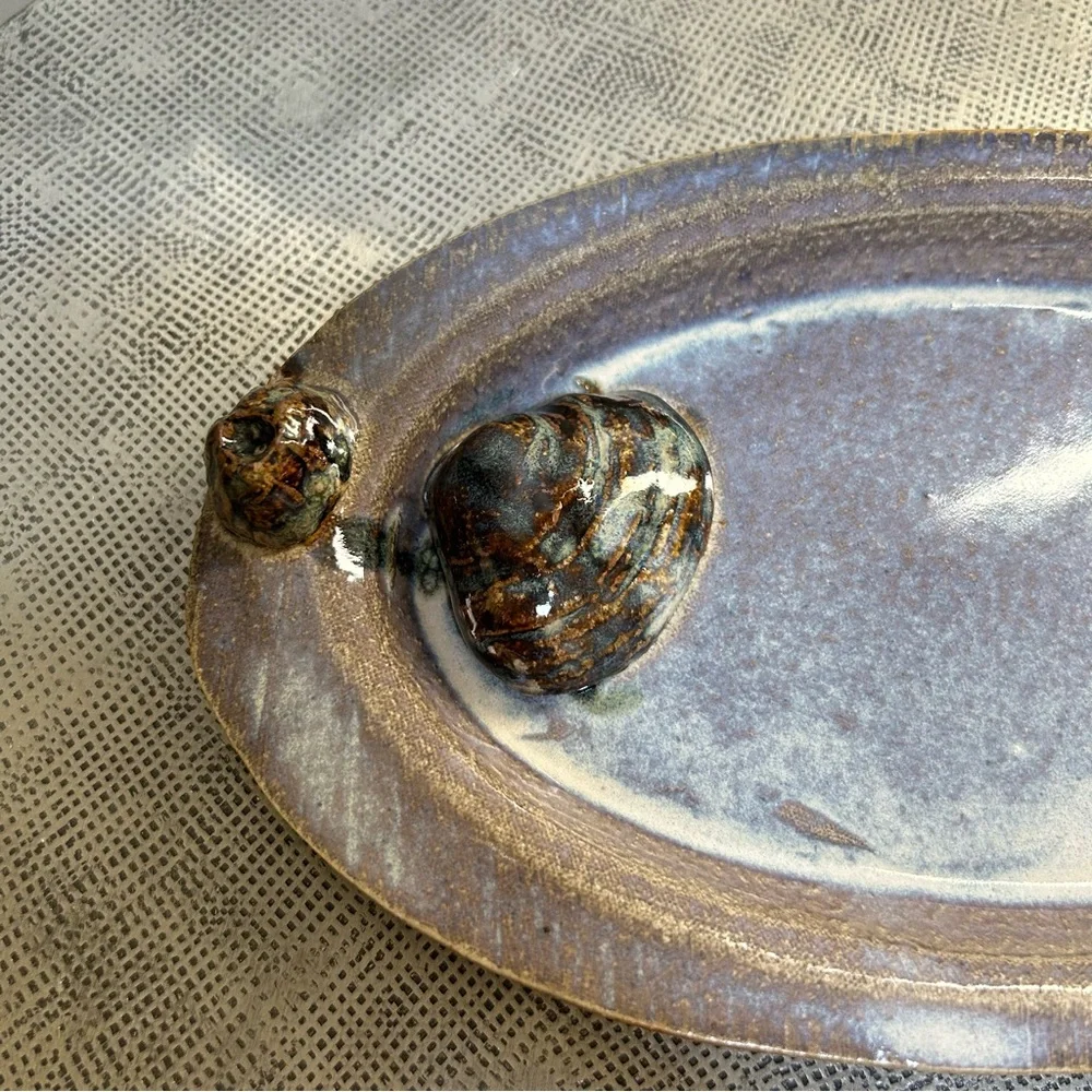 Studio Pottery ~ Decorative Handmade Oval Pottery Tray with Shell and Barnacle